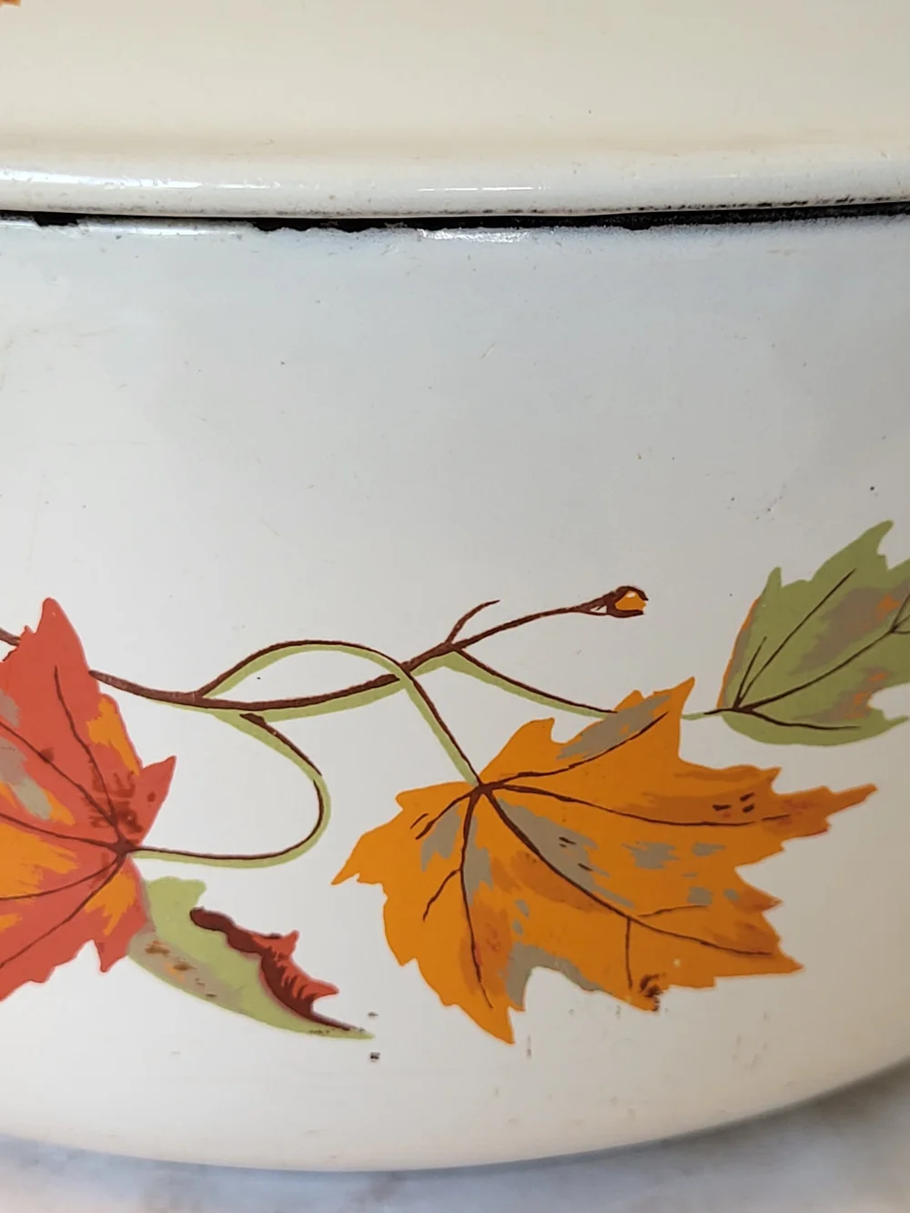 1960s Descoware Enamel Cast Iron Covered 4qt Dutch Oven Autumn Leaves